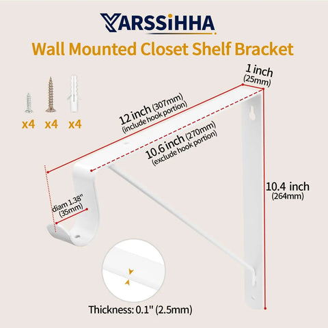 Heavy Duty Wall Mounted Closet Rod Brackets 2 Pack 12 By 10.4 Inch Steel Supports detailed dimensions and installation screws in white.