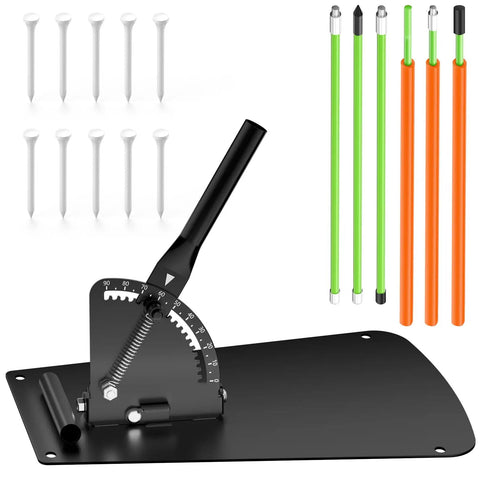 Golf Alignment Sticks Holder And Swing Trainer with foam-padded sticks, adjustable plate, and setup accessories.