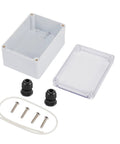 Clear See Through Outdoor Junction Box IP67 Waterproof ABS Plastic Enclosure For Electrical Projects All Weather Ready 68 By 58 By 33 Millimeters Weatherproof Connection Box With Clear Cover And Gray Housing, open with cover
