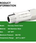 Front view of TAISHER 304 stainless steel one-way check valve, 3/8 NPT male to 3/8 NPT female for backflow prevention