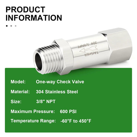 Front view of TAISHER 304 stainless steel one-way check valve, 3/8 NPT male to 3/8 NPT female for backflow prevention