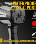 Rechargeable Spotlight Flashlight With Beast Bright 42000 Candela Beam And 1400ft Range IP68 Waterproof LED Handheld Light, shown with Type-C port and accessories including car charger and red lens.