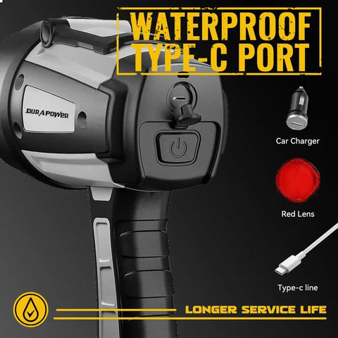 Rechargeable Spotlight Flashlight With Beast Bright 42000 Candela Beam And 1400ft Range IP68 Waterproof LED Handheld Light, shown with Type-C port and accessories including car charger and red lens.