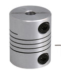 CNC stepper motor shaft coupler, 5x8mm, flexible metal connector with two set screws; includes hex key.