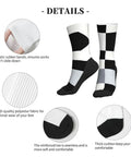 Fresh Black And White Piano Grid Print Crew Socks For Men And Women Straight Up Comfy Polyester Athletic Hosiery close-up details including elastic bands and reinforced toe.