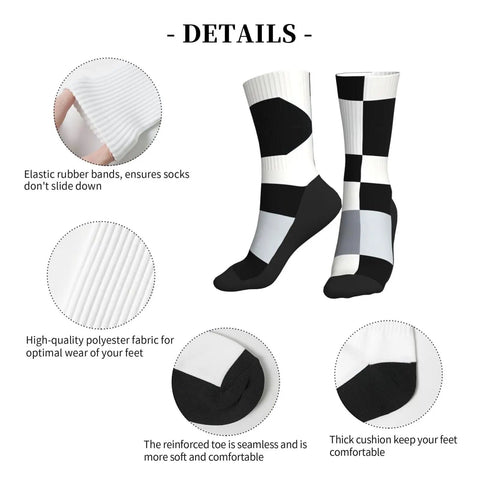 Fresh Black And White Piano Grid Print Crew Socks For Men And Women Straight Up Comfy Polyester Athletic Hosiery close-up details including elastic bands and reinforced toe.