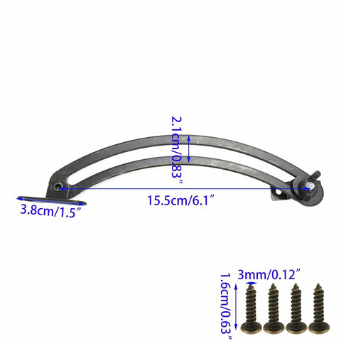 Side view of Bronze Cabinet Lid Support Hinges Set With Adjustable Curved Down Flap Levers, hinge dimensions and screws visible