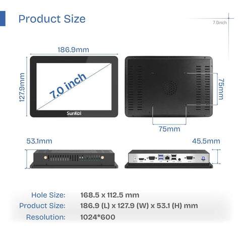Dimensions and ports of 7 Inch Embedded Panel PC With 10 Point Capacitive Touchscreen 1024x600 Display, VESA Mount