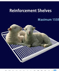 Reinforcement shelves shown with two sheep resting, emphasizing maximum 155lbs capacity for sturdy support.