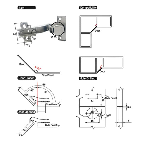 Badass 45 Degree Corner Cabinet Hinge Pack Of 8 With 35 Millimeter Mount Fits 16 To 20 Millimeter Panels technical diagram and dimensions