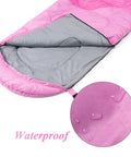 3 Season Sleeping Bag For Adults And Kids Camping Gear, pink water-resistant shell, lightweight yet warm, detail view