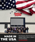 Made in the USA sign outside Yankum Ropes facility with group photo and American flag mural