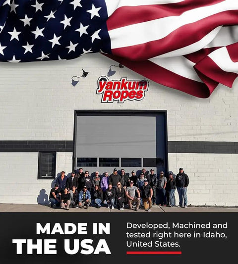 Made in the USA sign outside Yankum Ropes facility with group photo and American flag mural