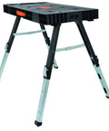 Five In One Workbench Table With Adjustable Height And Clamping Surface That Doubles As Scaffold Dolly And Creeper Do It All Orange And Black Multi Purpose Work Station angled view