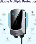 Heavy Duty Level 2 EV Charger J1772 Compatible 48 Amp 11.5 Kilowatt Wall Mount Charging Station showing control panel and safety features.