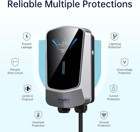 Heavy Duty Level 2 EV Charger J1772 Compatible 48 Amp 11.5 Kilowatt Wall Mount Charging Station showing control panel and safety features.