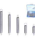 60-piece stainless steel extension spring kit with hook ends in a blue case; 0.035 in wire, 1/4 in OD, 13/32–2-1/4 in lengths