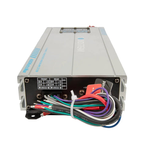 Beefy Marine Five Channel Waterproof Class D Amplifier Delivers Up To 4000 Watts Max Power For Boats ATVs UTVs And Powersports Audio Systems Built Tough For Wet Environments And Clean Distortion Free Sound Throughout, silver marine amplifier with wired rear panel