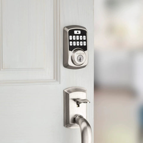 Aura Bluetooth Programmable Keypad Door Lock Deadbolt With SmartKey Security in Satin Nickel on a white door
