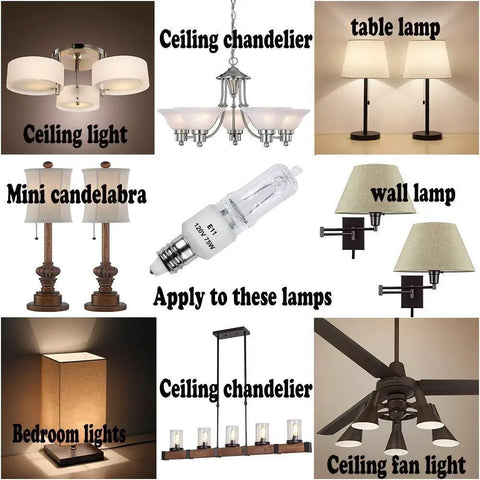 Beefy Bright High Output E11 Halogen Bulb 120V 75W T4 Mini Candelabra Base shown with compatible light fixtures.