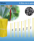 Top Shelf Flat Iron Wire Twist Ties For Garden Vine Support And Plant Securing Reusable Red Gardening Strips With Sturdy Metal Core Super Tough And No Fuss Around Shrubs Roses And Climbers shown with yellow oblate sticks.