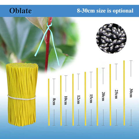Top Shelf Flat Iron Wire Twist Ties For Garden Vine Support And Plant Securing Reusable Red Gardening Strips With Sturdy Metal Core Super Tough And No Fuss Around Shrubs Roses And Climbers shown with yellow oblate sticks.