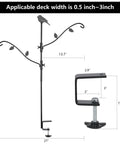 Rock Solid Heavy Duty Steel Bird Feeder Pole, 42 Inch Deck Stand With Multiple Hooks, Adjustable Detachable Mount In Black, showing dimensions and clamp.
