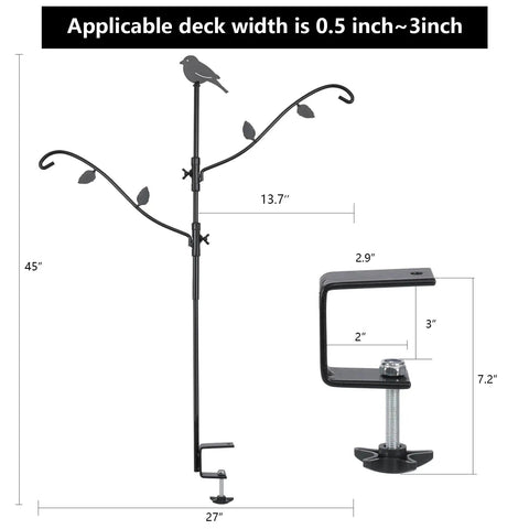 Rock Solid Heavy Duty Steel Bird Feeder Pole, 42 Inch Deck Stand With Multiple Hooks, Adjustable Detachable Mount In Black, showing dimensions and clamp.