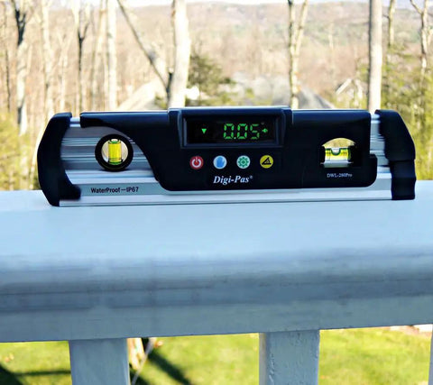 Waterproof IP67 Digital Torpedo Level With Protractor Magnetic Back LED Bright Display 9 Inch Rugged Pro Grade Tool on railing