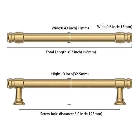 10 Pack Champagne Bronze Cabinet Pulls 5 Inch 128mm Handle Set dimensions diagram for kitchen cabinets and drawers.