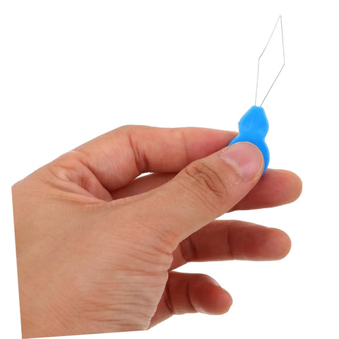 Hand holding blue Gourd Shaped Needle Threader Tool Kit For Embroidery And Sewing, plastic and metal threader