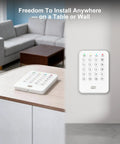 Wireless Home Security System With WiFi App Alerts Alexa compatible keypad on table and wall for flexible installation.