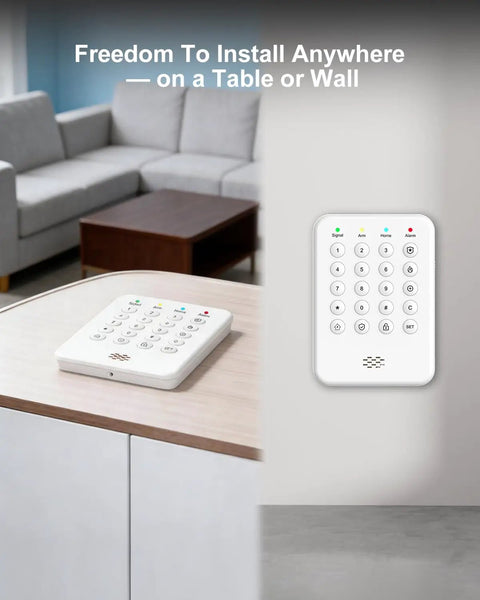 Wireless Home Security System With WiFi App Alerts Alexa compatible keypad on table and wall for flexible installation.