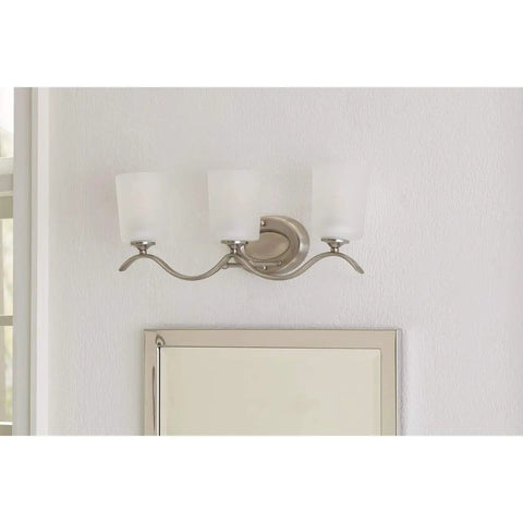 Three Light Brushed Nickel Bath Vanity Light With Etched Glass Shades For Traditional Bathroom Style Classic Fixture Elegant Decor