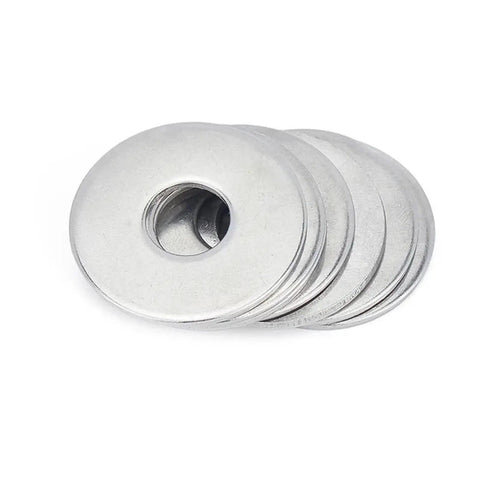 Stainless Steel Flat Washer Set M2.5 To M16 Large Size Assortment For Beefed Up Load Distribution And Consistent Tight Clamping In Daily Projects For All Kinds Of Fastening Jobs., stainless steel flat washers stacked on white background