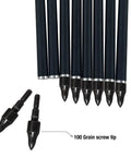 Carbon Crossbow Bolts 20 Inch Arrows With Fletched 4 Inch Vanes Field Point Pack Of 12 with 100 grain screw tips visible