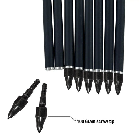 Carbon Crossbow Bolts 20 Inch Arrows With Fletched 4 Inch Vanes Field Point Pack Of 12 with 100 grain screw tips visible