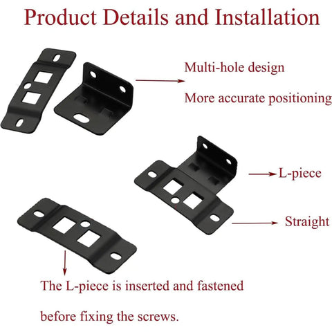 Zero Hassle Quick Install Cabinet Brackets And L Shape Furniture Joint Clips showing black metal fasteners with multi-hole design for installation.