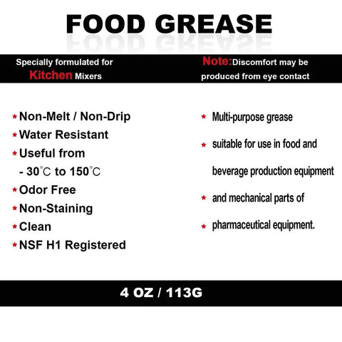 Label for 4 Oz Food Grade Grease For Stand Mixers Universal Fit Keeps Your Mixer Running Smooth And Extends Lifespan With Included Gasket Ideal For Kitchen Or Home Use And Regular Regreasing, showing specifications and uses.