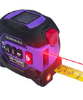 3 In 1 Laser Tape Measure With 197ft Long Range Laser, 16ft Manual Tape, AutoLock, Cross Line Laser Guidance, Unit Switch Ft In M, Measures Area Volume And Pythagorean Purple Finish, black and purple unit with tape extended