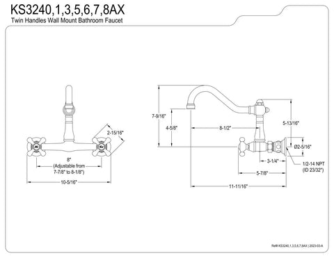 Technical drawing of Vintage Wall Mount Faucet With Polished Chrome Finish And Old School Charm Solid Brass Construction Eight Inch Center Two Hole Installation Drip Free Ceramic Disc Cartridge One Half Inch IPS Connection One Point Two GPM Flow Rate showing dimensions and details.