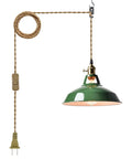 Totally Sleek Modern Green Plug In Pendant Light Featuring Heavy Duty Metal Barn Style Hanging Swag Lamp With Retro Macaron Shade close-up view
