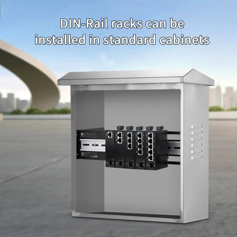 2U 19 Inch Rack Mount DIN Rail Kit Adjustable Depth 48 to 174 Millimeters Aluminum Rack Mount Bracket With 35 Millimeter DIN Rail For Industrial Media Converter Ethernet Switch Power Supply installed in an outdoor cabinet