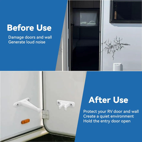 Before and after use of Heavy Duty RV Door Holder Clip Keeps Camper Entry Door Open In Windy Weather