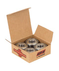 Open box of GP-S Skateboard Bearings Set Of 8 With Dust Proof Metal Shield And Shieldless Back, micro polished steel races.