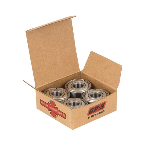 Open box of GP-S Skateboard Bearings Set Of 8 With Dust Proof Metal Shield And Shieldless Back, micro polished steel races.