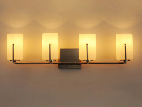Dart 4 Light Bath Vanity Fixture In Satin Nickel Steel Finish With Satin White Glass Shades mounted on wall