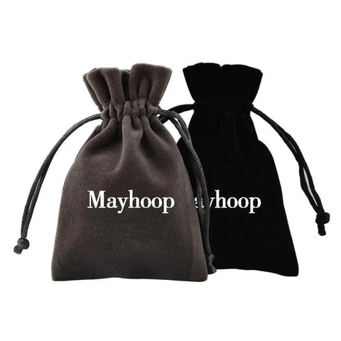 Black and brown drawstring bags with 'Mayhoop' logo for storing 38 Piece Clear Piercing Retainer Set Bioflex Jewelry For Nose Rings Septum