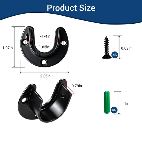 Stainless Steel Closet Rod Holders Set For 1-1/4 Inch Poles, U-Shaped Wall Mount Brackets End Supports, Anti Slip Locking Design, Durable Black Finish, 2 Pack, size chart