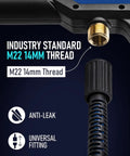 Close-up of Beefy Universal Pressure Washer Gun With Stainless Extension Replacement Wand showing M22 14mm thread fitting.